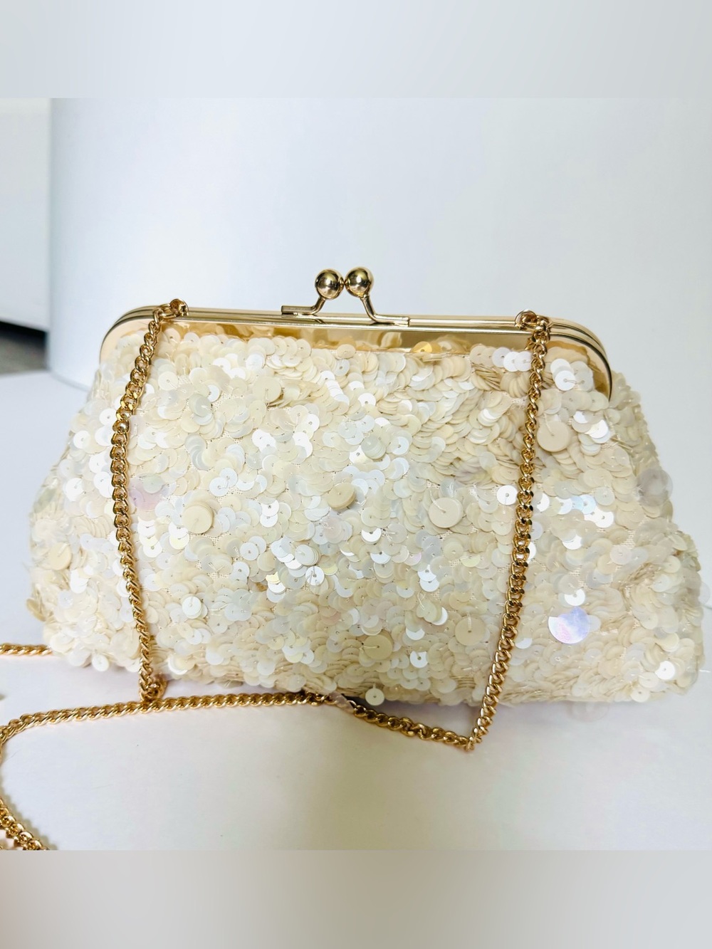 NWOT Ann Taylor Studio Sequin Clutch Bag Ivory Gold Occasion Elegant Bridal Chic